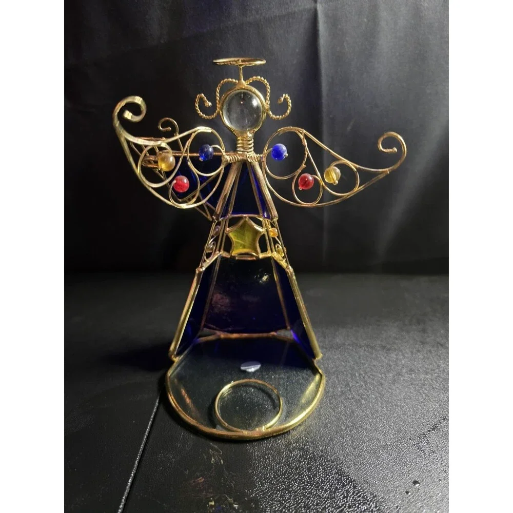 Handmade Stained Glass Angel Tealight Candle Holder Blue Gold Wire